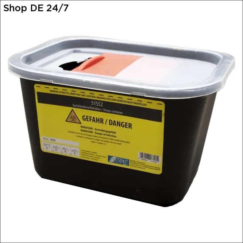 Abwurfbehälter 2l aus schwarzem kunststoff mit klarem deckel und gelbem warnetikett für zuverlässiger schutz