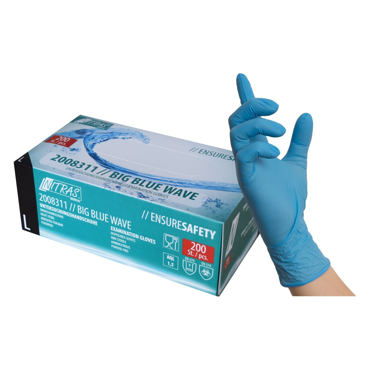 Eine einzelne blaue nitril einmalhandschuh größe l aus der nitras big blue wave nitril einmalhandschuhe serie