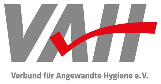 Graues und rotes vah logo mit haken auf nitras protectasept flächendesinfektion sprüh- und einmalhandschuhe produktetikett
