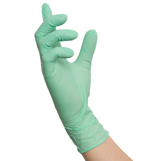 Ein hand trägt eine mint wave handschuhe aus hochwertigem nitril mit mikrogeraute fingerspitzen in hellgrün latexfrei