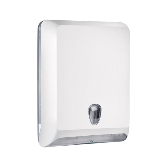 Weißes wandmontiertes faltwandtuchspender h3 mit metallic silber druckknopf bietet deutsche qualität und zuverlässiger schutz