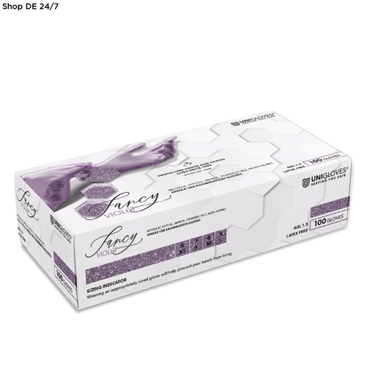 Weiße box mit unigloves fancy violet nitril-einmalhandschuhen in glitterigem lila mit hexagonalem design für zuverlässigen schutz und zertifizierte deutsche qualität
