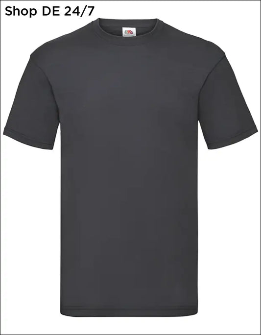 Dark heather gray kurzarm t shirt mit rundhalsausschnitt und kleinem markenzeichen am kragen fruit of the loom valueweight