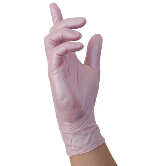 Pinkfarbener nitril-einmalhandschuh glamour wave getragen hand mit deutscher qualität und zuverlässiger schutz