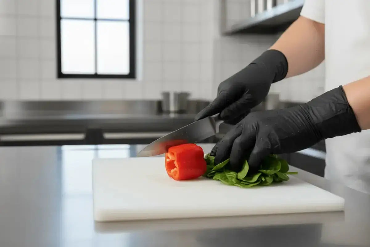 A select black 300 latex einmalhandschuh in schwarz beim schneiden einer roten paprika auf einem weißen schneidebrett kaufen