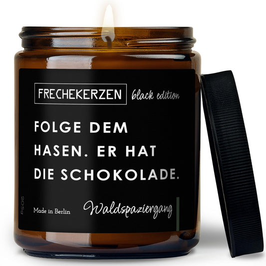 Kerze mit Spruch | folge dem hasen. er hat die schokolade.