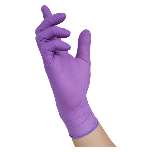 Eine hand trägt einen beidseitig tragbaren violett wave nitril-einmalhandschuh aus hochwertigem nitril mit glatter oberfläche