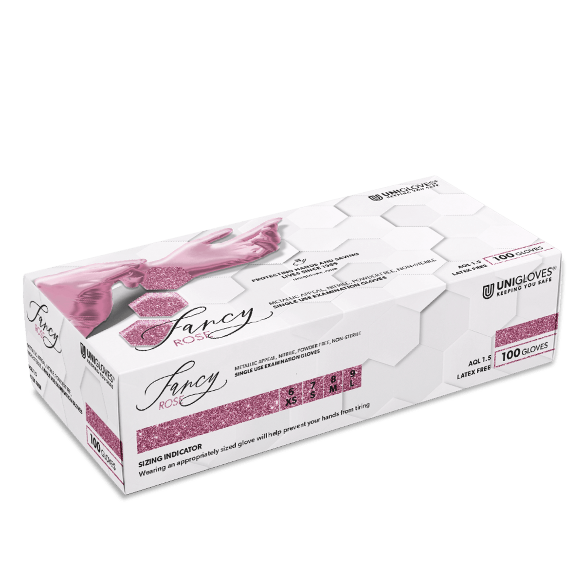 Weiße box mit unigloves fancy rose glänzenden pinken nitril-einmalhandschuhen mit mikrogeraute fingerspitzen