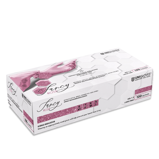 Weiße box mit unigloves fancy rose glänzenden pinken nitril-einmalhandschuhen mit mikrogeraute fingerspitzen