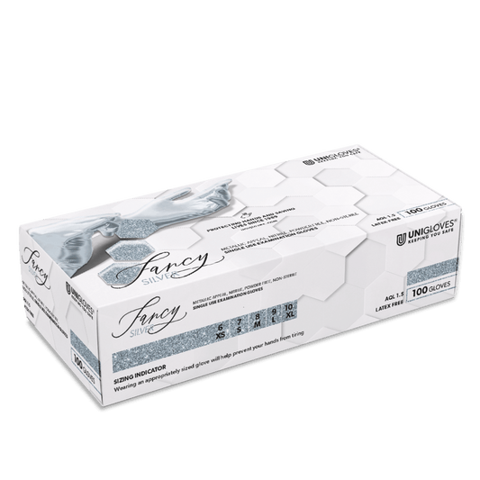Weiße kartonverpackung der unigloves fancy silber nitril einmalhandschuhe latexfrei 100 stück pro packung