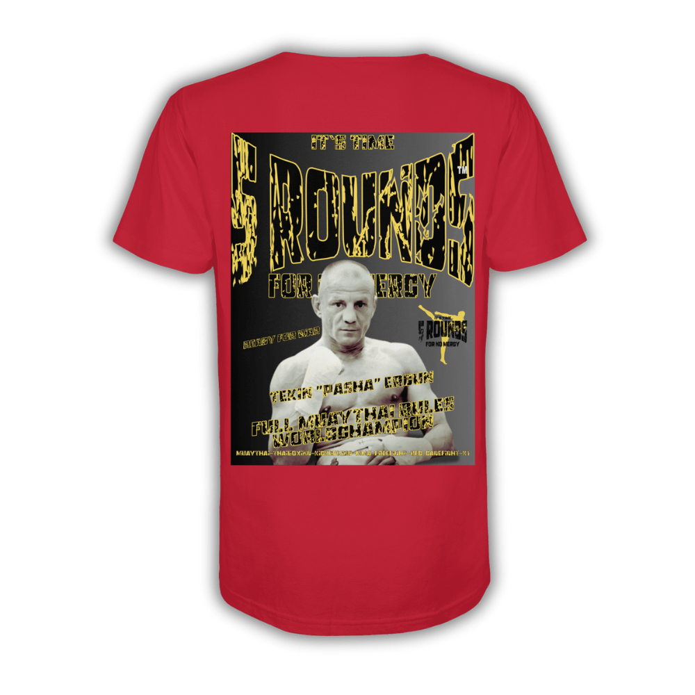 Rote bio-5 rounds organisches shirt in rot mit schwarzem und goldenem grafikdesign von tekin pasha ergun