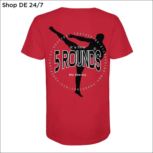 Organic shirt red mit schwarzer silhouette eines kampfkünstlers und schriftzug it’s time auf der rückseite für optimale tragekomfort