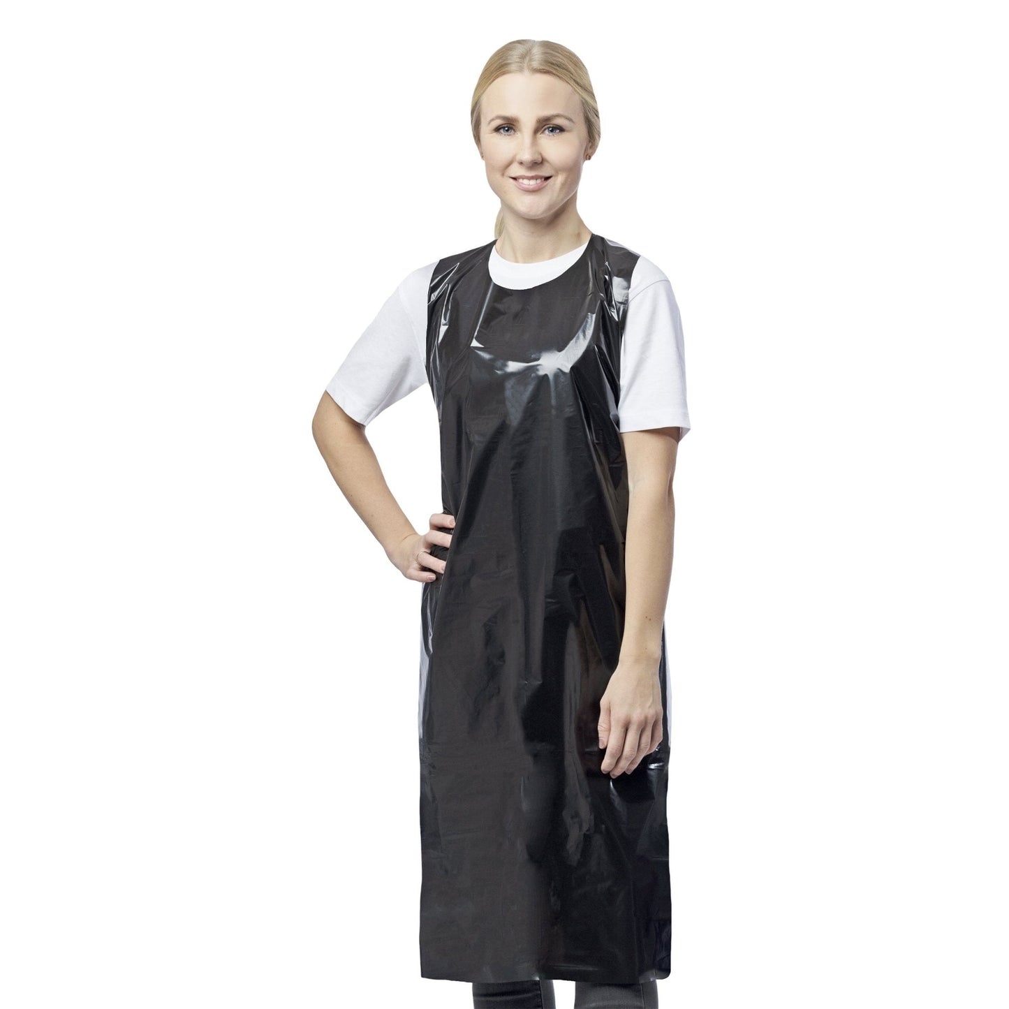 Schwarze nitras pe-schürze mit glossy finish und verstellbaren trägern für hygienische anwendungen in professionellen umgebungen