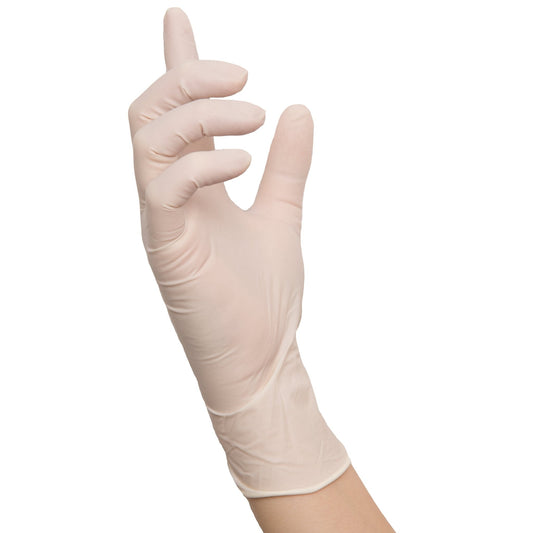 Eine hand trägt einen blassen latex einmalhandschuh polymer soft für medizinische einrichtungen mit komfort und schutz