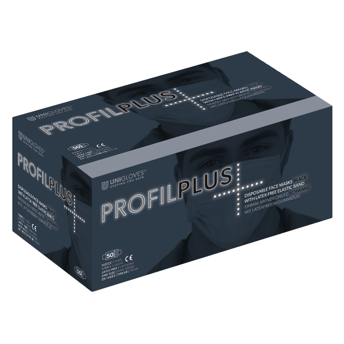 Dunkelblaue unigloves profil plus kartonverpackung medizinische schutzmasken mit weißem und silbernem text
