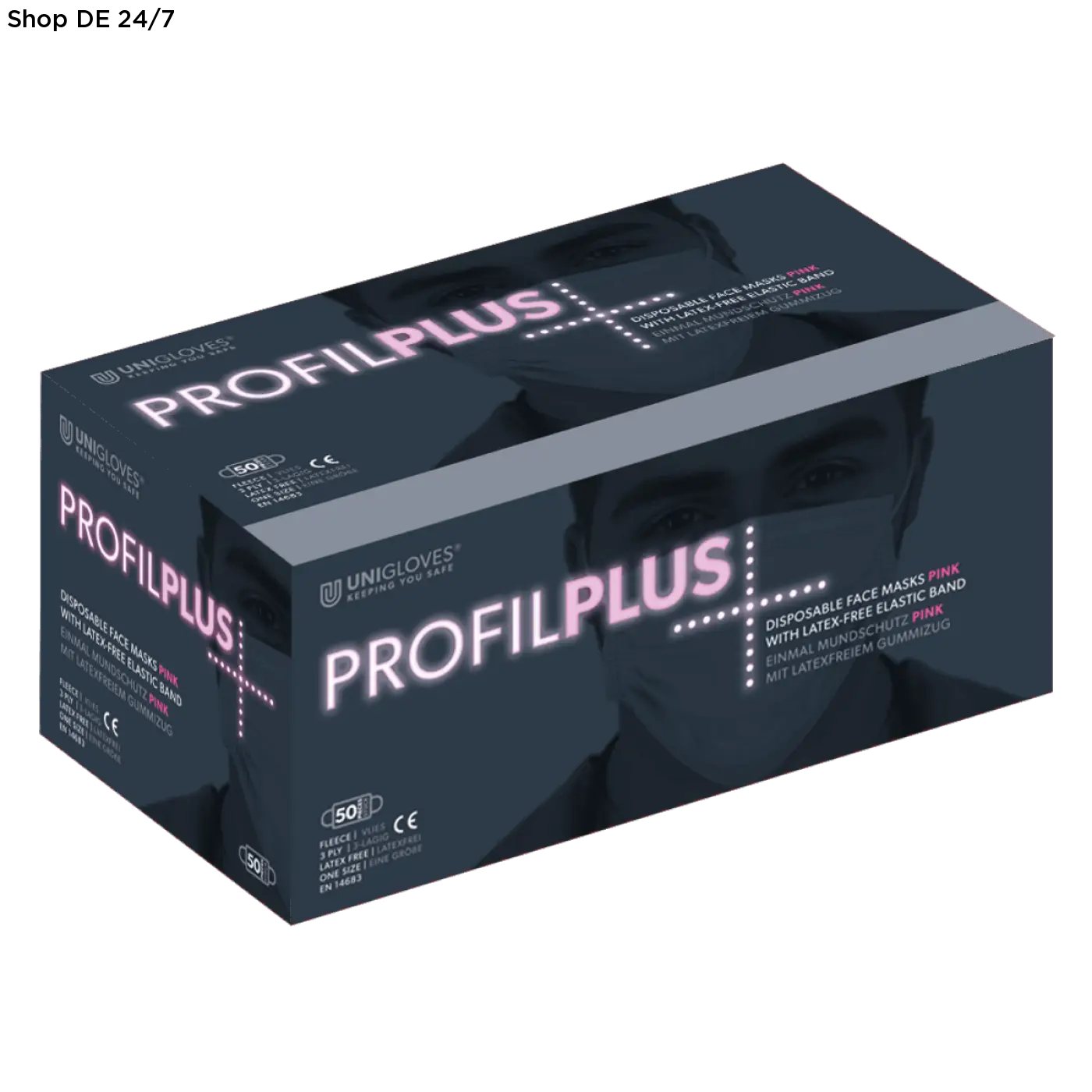 Dunkelblaue box unigloves profil plus pink mit hochwertigen mundschutzmasken und pinkem latexfreiem elastikband