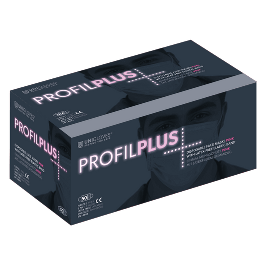 Dunkelblaue box unigloves profil plus pink mit hochwertigen mundschutzmasken und pinkem latexfreiem elastikband