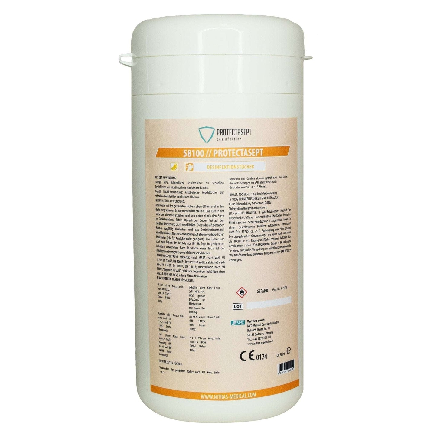 Weiße zylindrische dose mit orange-beiger beschriftung nitras protectasept 58100 für professionelle umgebungen