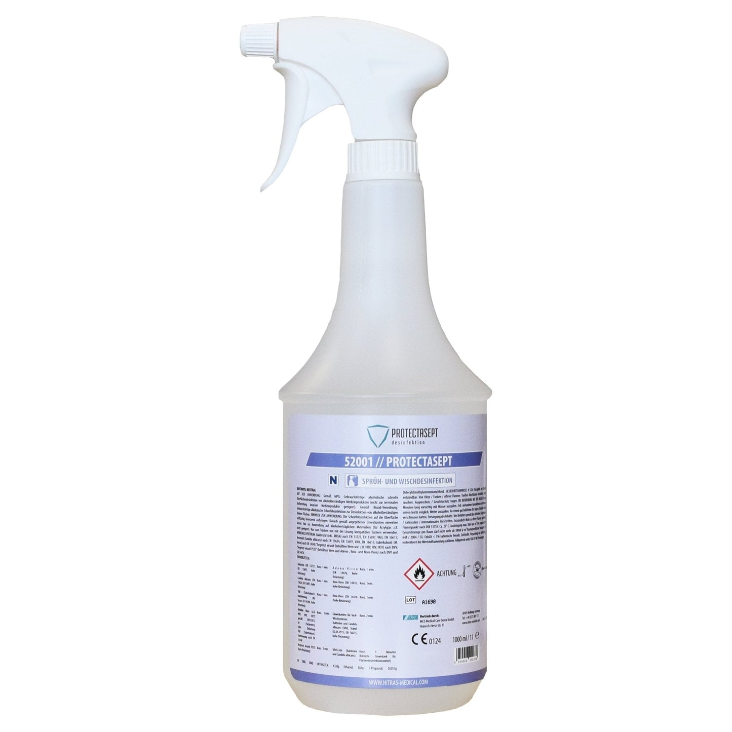 Weiße kunststoffsprühflasche mit weißem trigger und blauem etikett für nitras protectasept flächendesinfektion sprüh-