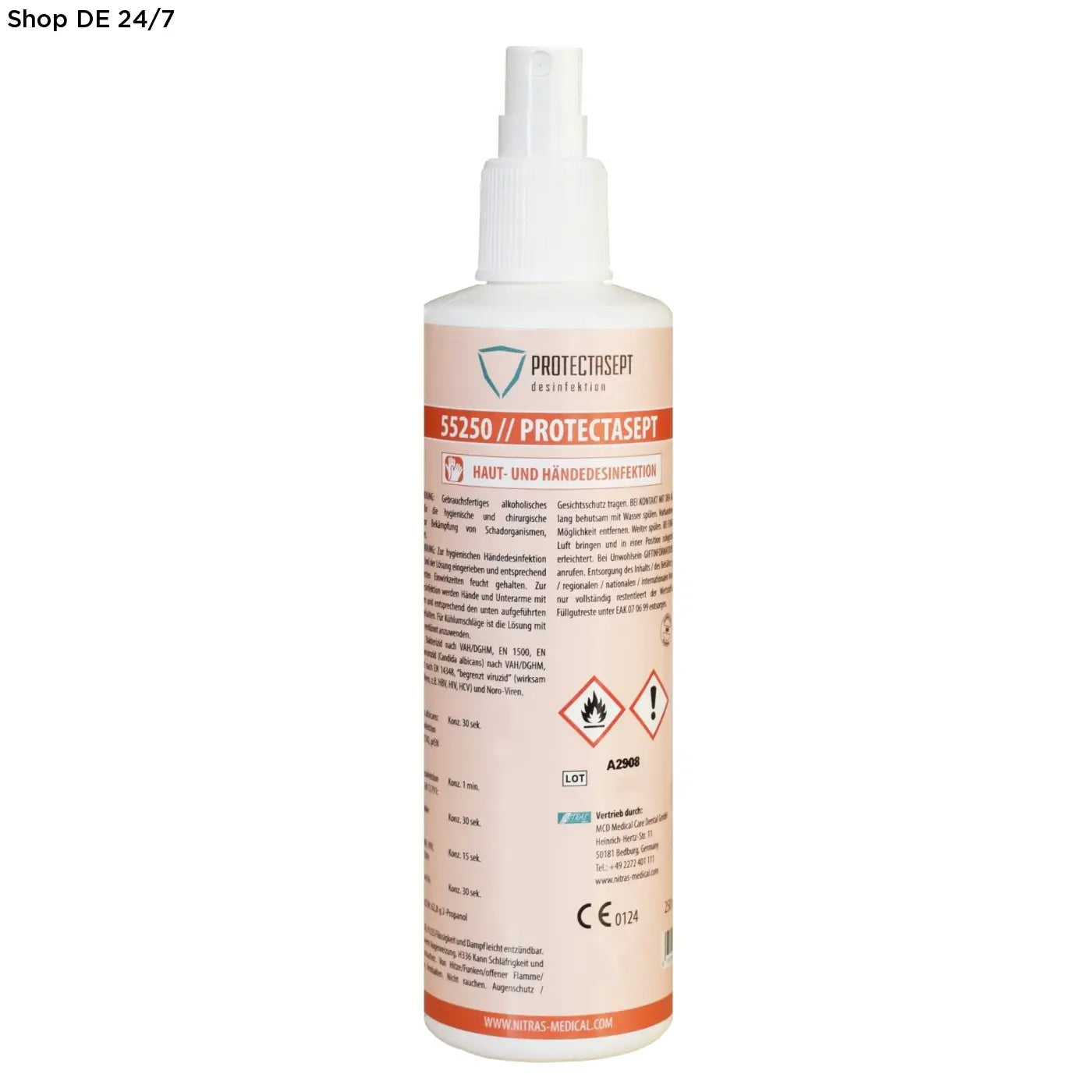 Weiße plastiksprühflasche protectasept skin mit beige etikett und orange akzenten zur haut- und händedesinfektion umfassender schutz