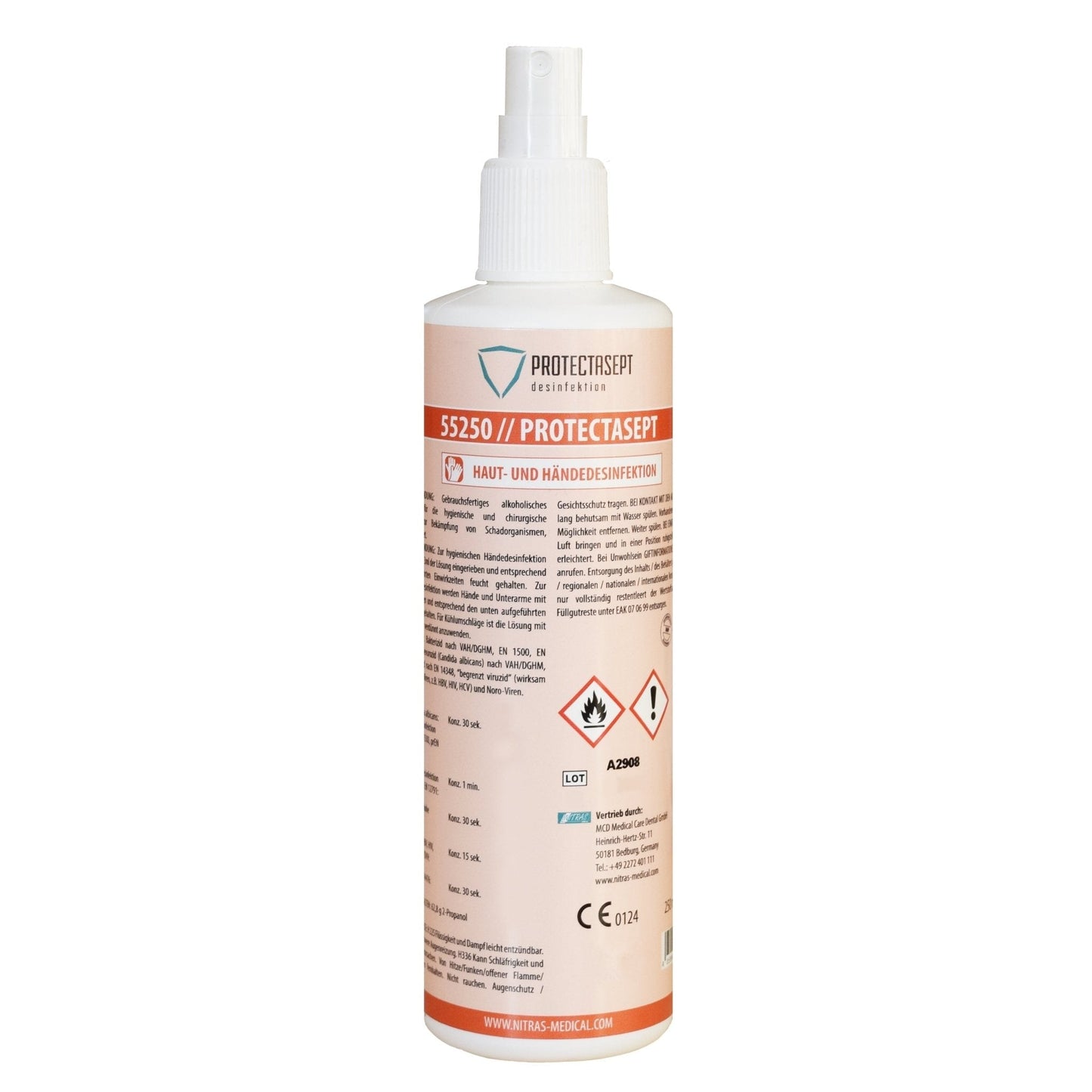 Weiße plastiksprühflasche protectasept skin mit beige etikett und orange akzenten zur haut- und händedesinfektion umfassender schutz