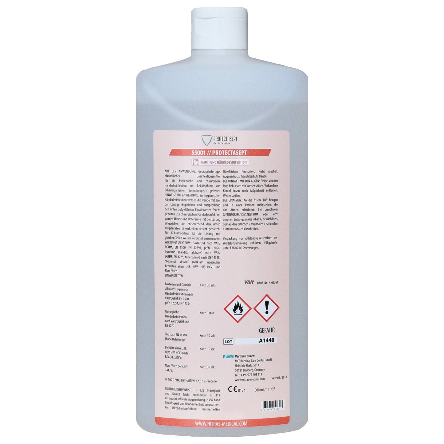 Transluzente weiße plastikflasche nitras protectasept skin haut- und händedesinfektion umfassender schutz praktische verpackung