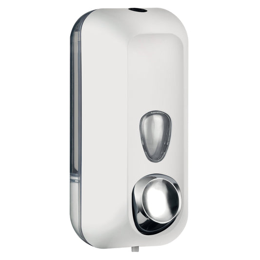 Weiß weißer wandmontierter seifenspender soft touch mit chrom-finish push-tasten für stilvolle hygiene und einfache befüllung