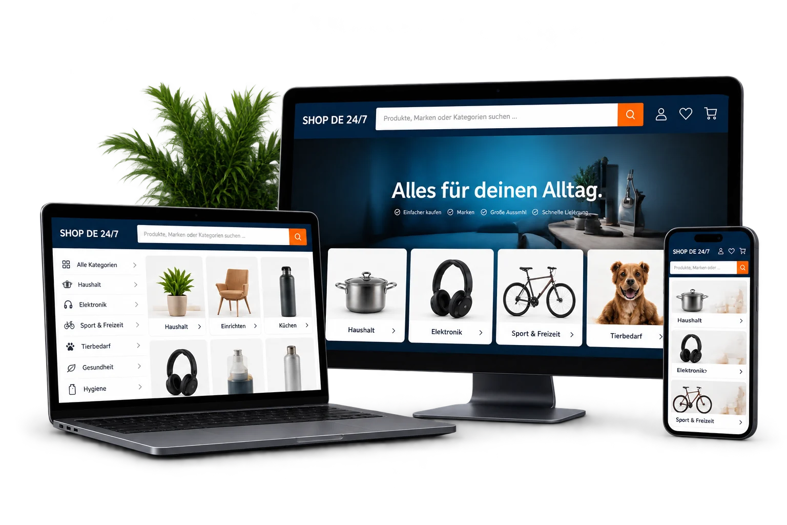 Illustration einer Website auf Monitor, Laptop und Smartphone