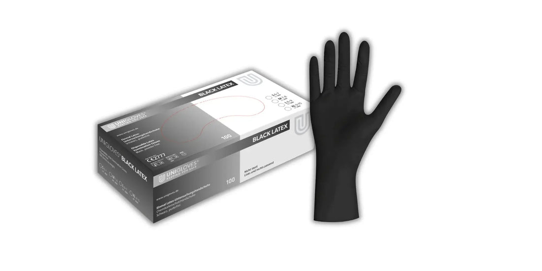 Schwarze latexhandschuhe mit matter oberfläche, sleek und glatt, ideal als einmalhandschuhe für tattoo-studios.