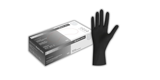 Schwarze latexhandschuhe mit matter oberfläche, sleek und glatt, ideal als einmalhandschuhe für tattoo-studios.