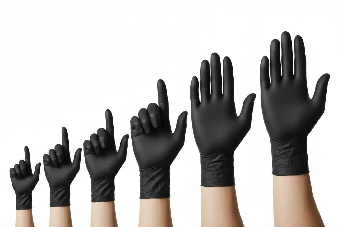 Schwarze latexhandschuhe in verschiedenen größen mit ausgestreckten fingern für den perfekten sitz bei einmalhandschuhen