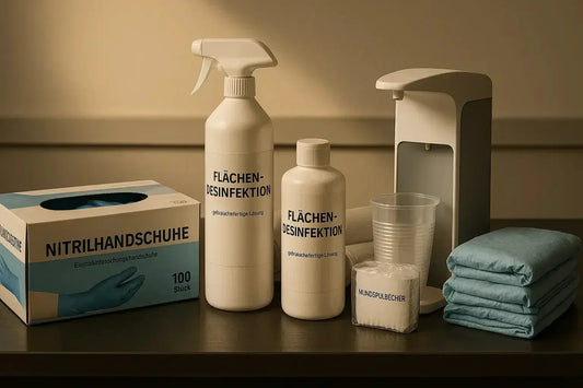 Weiße flächendesinfektion sprayflasche mit tränkergießer neben medizinischen verbrauchsmaterialien wie nitril einmalhandschuhe auf dunklem untergrund