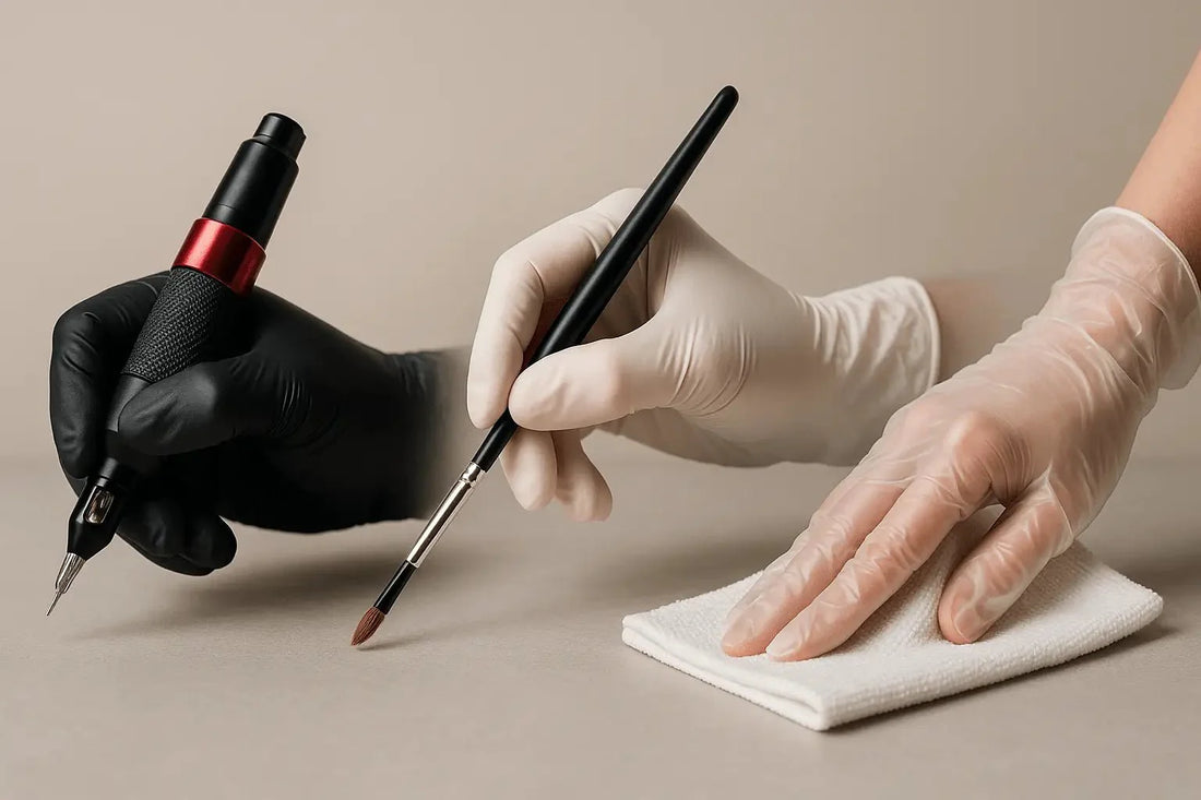 Schwarze und rote tattoo-maschine mit texturiertem griff zur verwendung neben einmalhandschuhen aus latex und nitril im studio