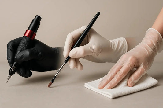 Schwarze und rote tattoo-maschine mit texturiertem griff zur verwendung neben einmalhandschuhen aus latex und nitril im studio