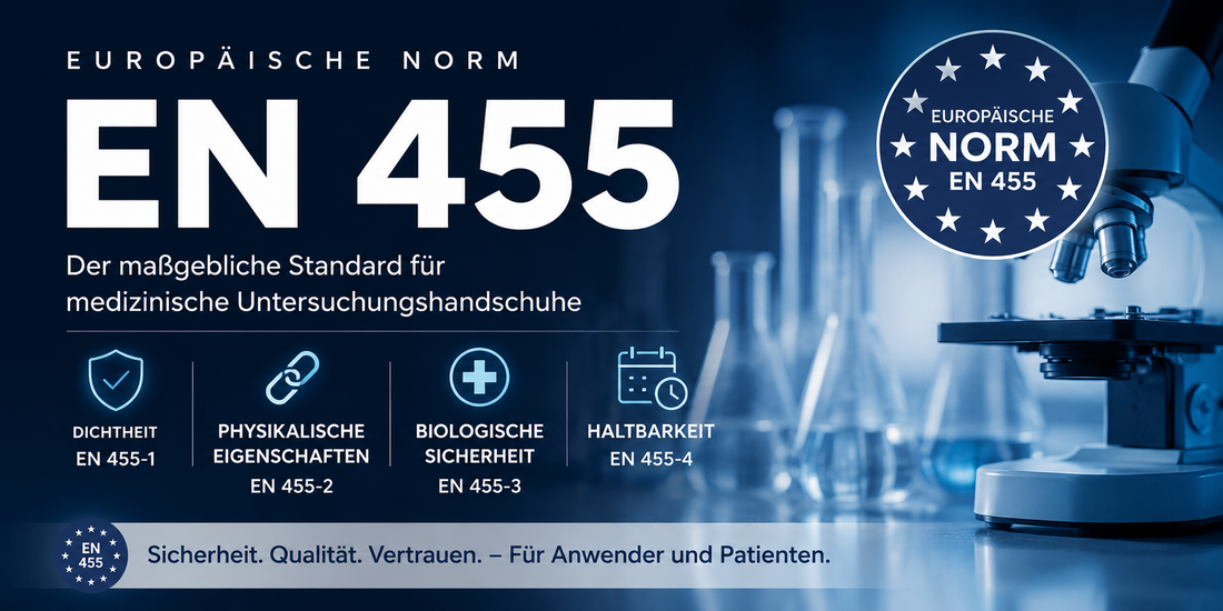 Die europäische Norm EN 455 für medizinische Untersuchungshandschuhe – Qualitätsstandard für Dichtheit, physikalische Eigenschaften, biologische Sicherheit und Haltbarkeit.