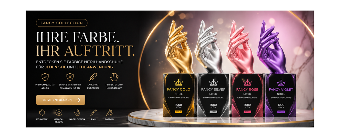 Hero-Banner der FANCY Collection mit farbigen Nitrilhandschuhen in Gold, Silber, Rosa und Violett für Kosmetik, Medical Beauty, Nageldesign, Permanent Make-up und Tattoo-Studios.