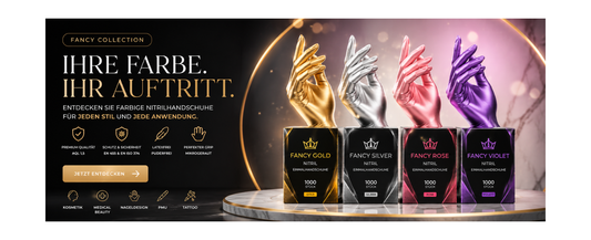 Hero-Banner der FANCY Collection mit farbigen Nitrilhandschuhen in Gold, Silber, Rosa und Violett für Kosmetik, Medical Beauty, Nageldesign, Permanent Make-up und Tattoo-Studios.