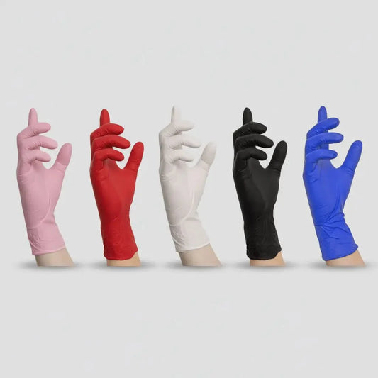 Ein set farbiger latexhandschuhe in pink rot weiß schwarz und blau ideal als nitril einmalhandschuhe für branding