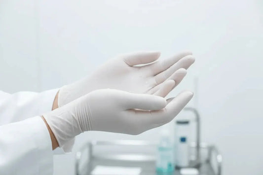 Weiße latexhandschuhe als einmalhandschuhe getragen zur einhaltung der hygiene-standards in der lebensmittelverarbeitung