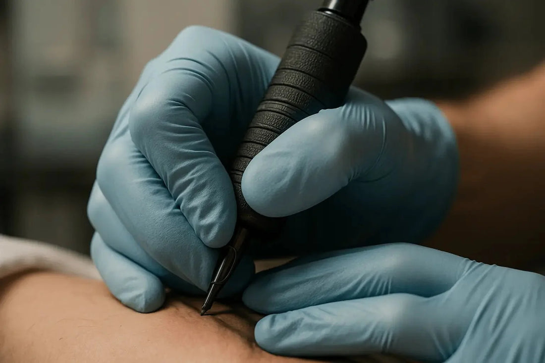 Ein schwarzes tattoo-maschine mit texturiertem griff wird von nitril einmalhandschuhe getragenen händen während der arbeit gehalten