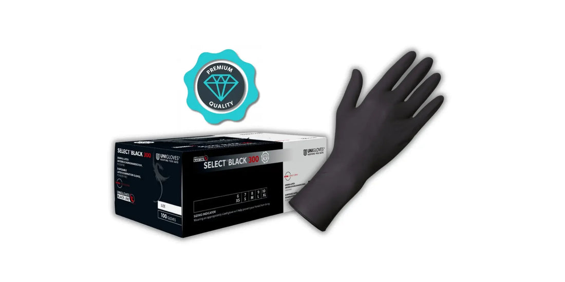 Schwarze latexhandschuhe aus der select black 300 linie mit glatter textur und enger passform für den einsatz als einmalhandschuhe