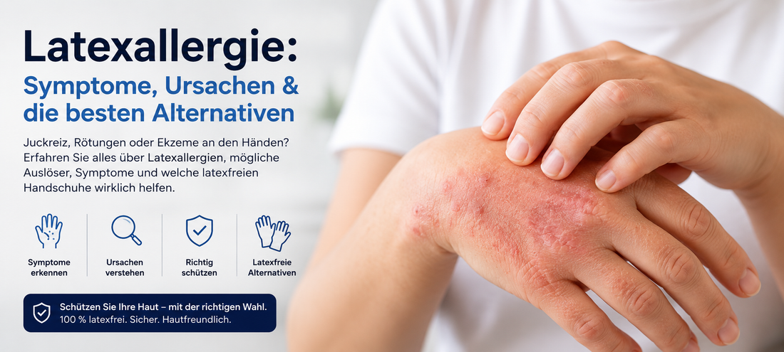 Frau betrachtet gereizte Haut an der Hand als mögliches Symptom einer Latexallergie mit Informationen zu Ursachen und latexfreien Alternativen.