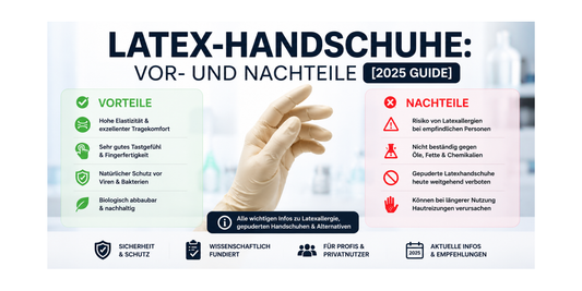 Vergleich der wichtigsten Vorteile und Nachteile von Latexhandschuhen. Informationen zu Elastizität, Tragekomfort, Latexallergien, gepuderten Handschuhen und professionellen Einsatzbereichen.