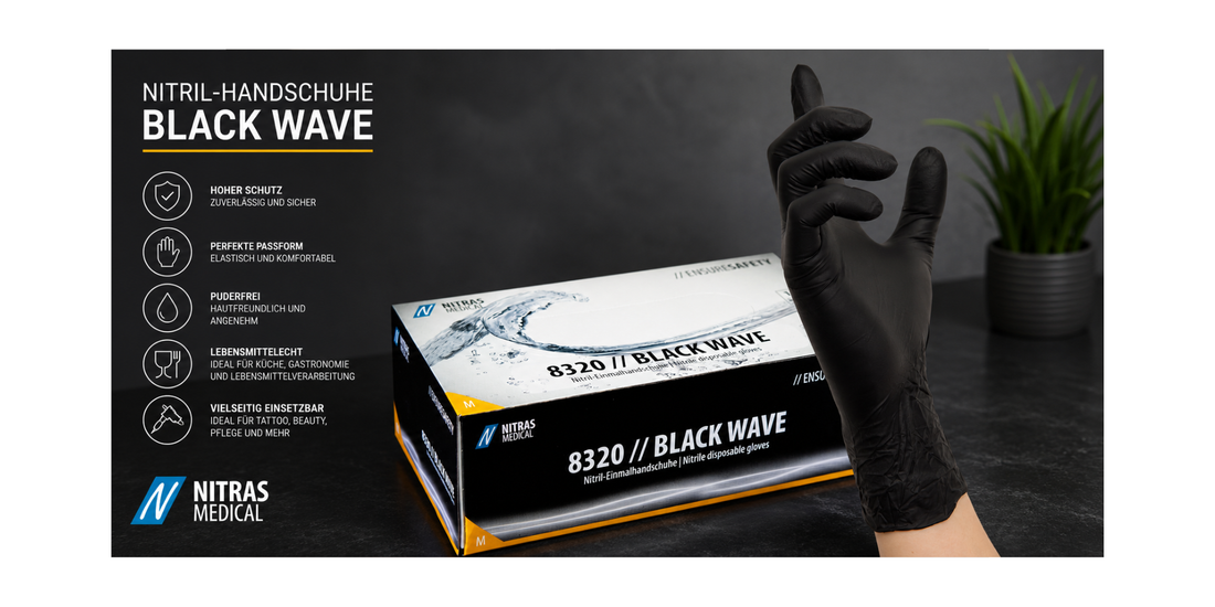 NITRAS BLACK WAVE Nitrilhandschuhe mit schwarzem Einweghandschuh und Produktbox. Premium Nitrilhandschuhe für Tattoo, Gastronomie, Medizin, Pflege, Beauty und Lebensmittelverarbeitung.