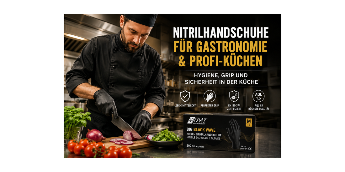 Koch mit schwarzen Nitrilhandschuhen bei der Lebensmittelzubereitung in einer Profiküche. NITRAS BIG BLACK WAVE Nitril-Einmalhandschuhe für Gastronomie, Hotels und Profi-Küchen.