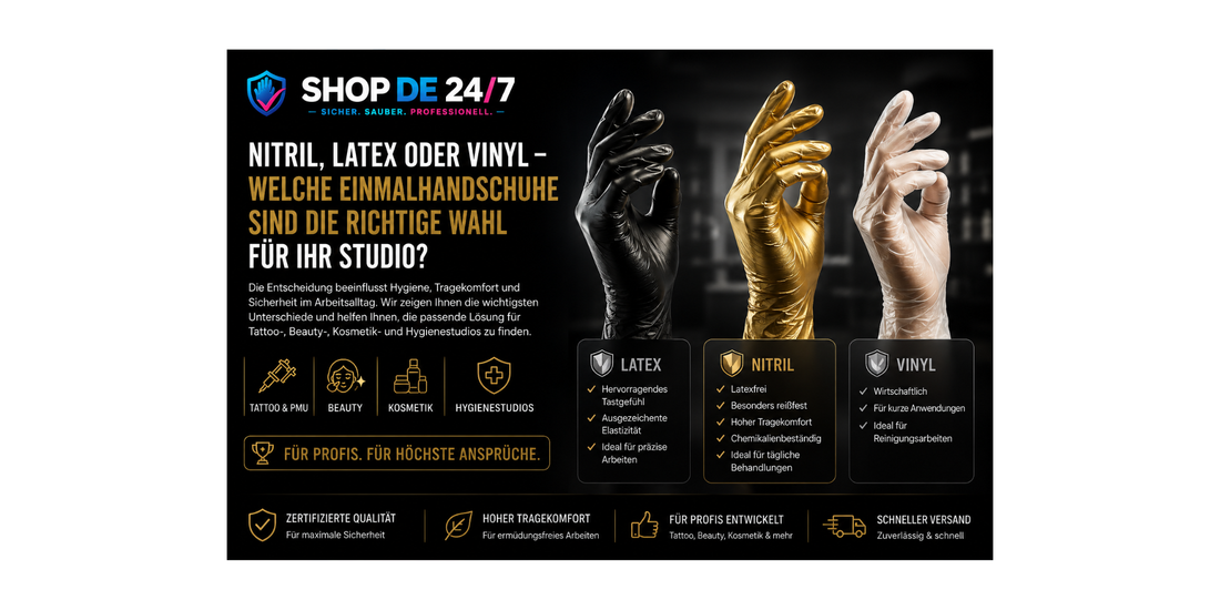 Hero-Banner zum Vergleich von Nitril-, Latex- und Vinyl-Einmalhandschuhen für Tattoo-, Beauty-, Kosmetik- und Hygienestudios. Übersicht der wichtigsten Unterschiede für die richtige Wahl im professionellen Einsatz.