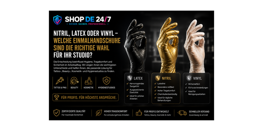 Hero-Banner zum Vergleich von Nitril-, Latex- und Vinyl-Einmalhandschuhen für Tattoo-, Beauty-, Kosmetik- und Hygienestudios. Übersicht der wichtigsten Unterschiede für die richtige Wahl im professionellen Einsatz.