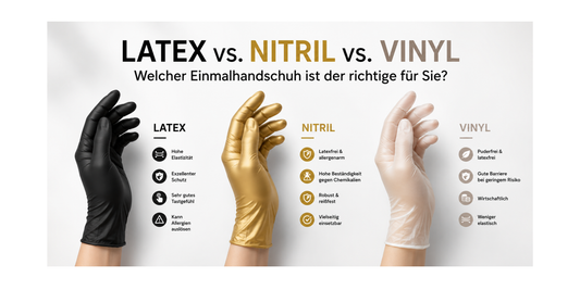 Latex, Nitril und Vinyl Handschuhe im Vergleich – Unterschiede bei Schutz, Elastizität, Komfort und Einsatzbereichen.