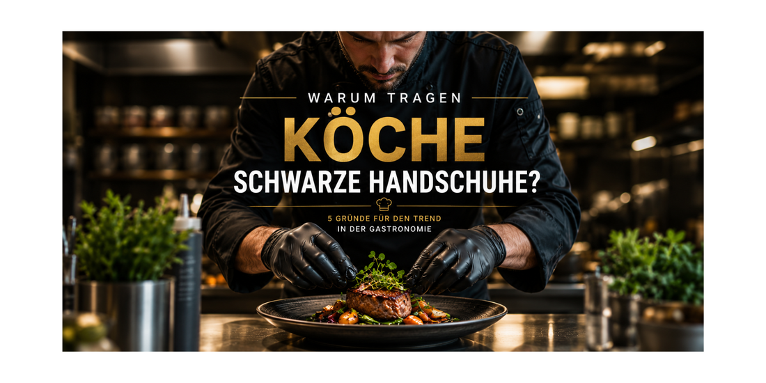 Warum tragen Köche schwarze Handschuhe? Professioneller Koch mit schwarzen Einmalhandschuhen beim Anrichten eines hochwertigen Gerichts in einer modernen Gastronomieküche.