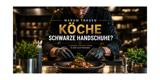 Warum tragen Köche schwarze Handschuhe? Professioneller Koch mit schwarzen Einmalhandschuhen beim Anrichten eines hochwertigen Gerichts in einer modernen Gastronomieküche.